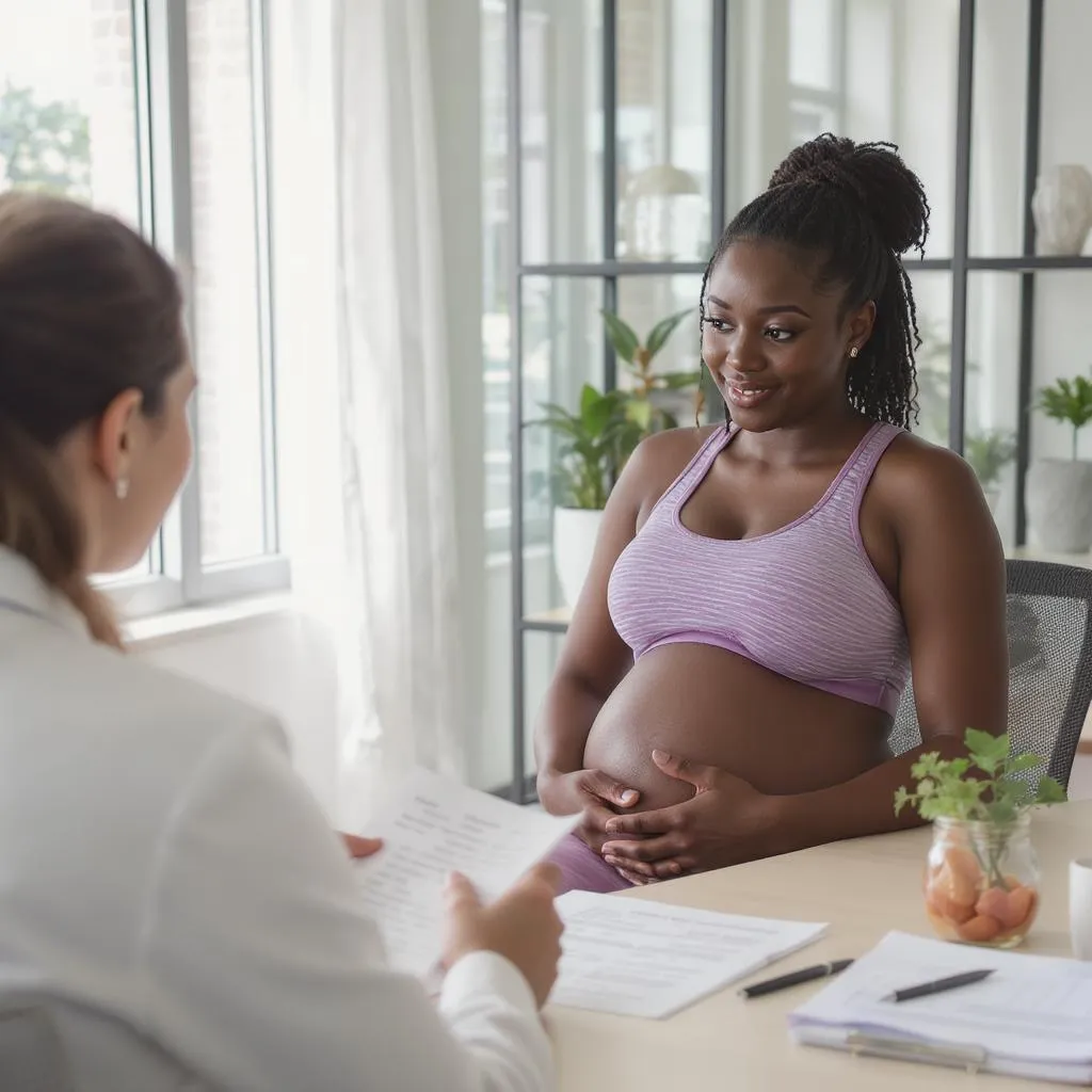 Femme enceinte échange avec une diététicienne pour ajuster un apport protéique sécurisé et vérifier la qualité des poudres durant la grossesse 