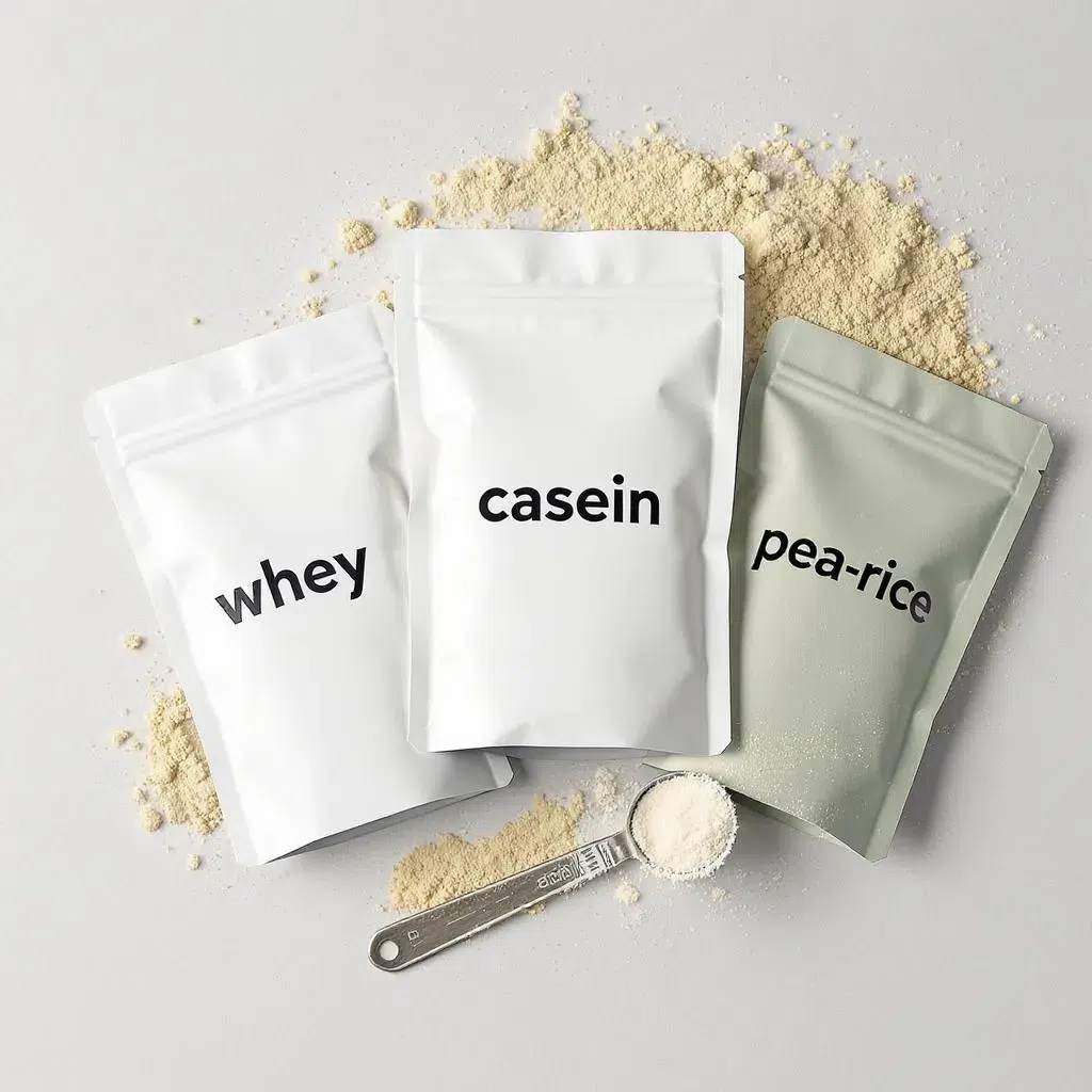 Dosettes de whey, caséine et mélange pois-riz disposées côte à côte pour comparer vitesse d’assimilation, tolérance et usages selon objectifs féminins