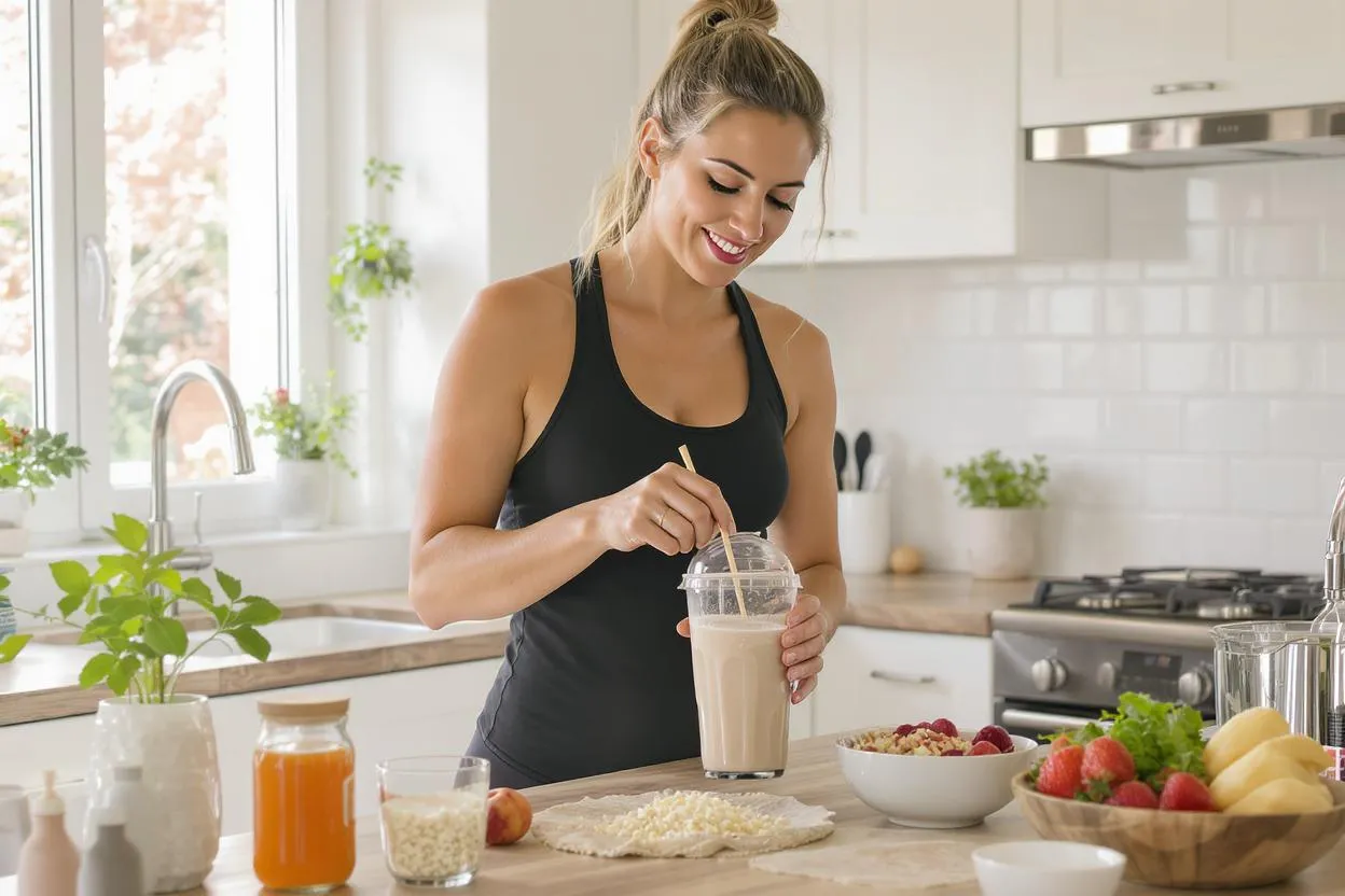 Femme active sportive préparant un shaker de protéine en poudre dans une cuisine lumineuse pour soutenir récupération, tonus musculaire et satiété au quotidien
