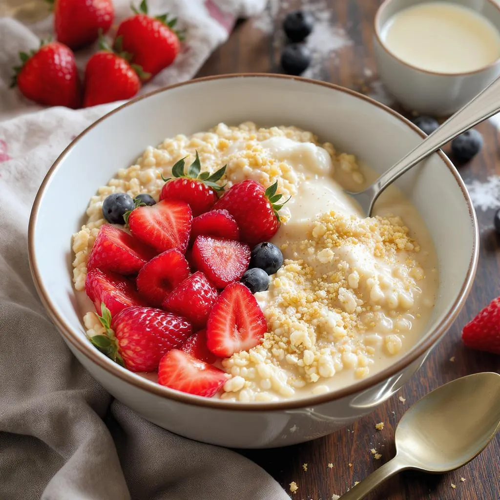 Bol de flocons d’avoine enrichis en protéine vanille avec fruits rouges pour stabiliser la glycémie et prolonger la satiété au petit-déjeuner 