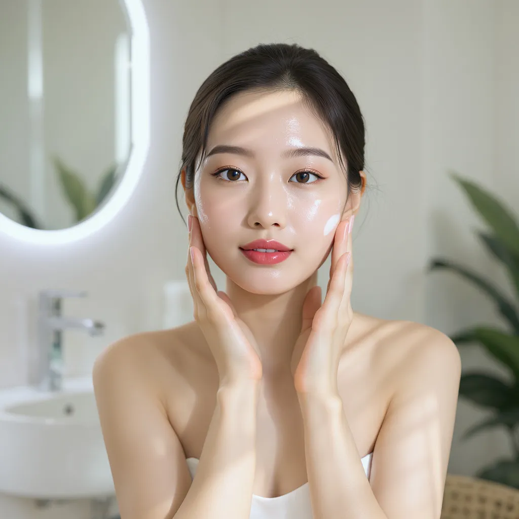 Jeune femme coréenne massant délicatement son visage après le nettoyage, étape essentielle de la routine beauté asiatique