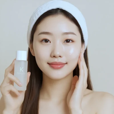 Femme souriante appliquant une lotion hydratante K-beauty, geste quotidien pour une peau souple et lumineuse