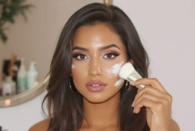 Célébrité appliquant une crème visage à l’aide d’une brosse pour un geste précis et hygiénique.