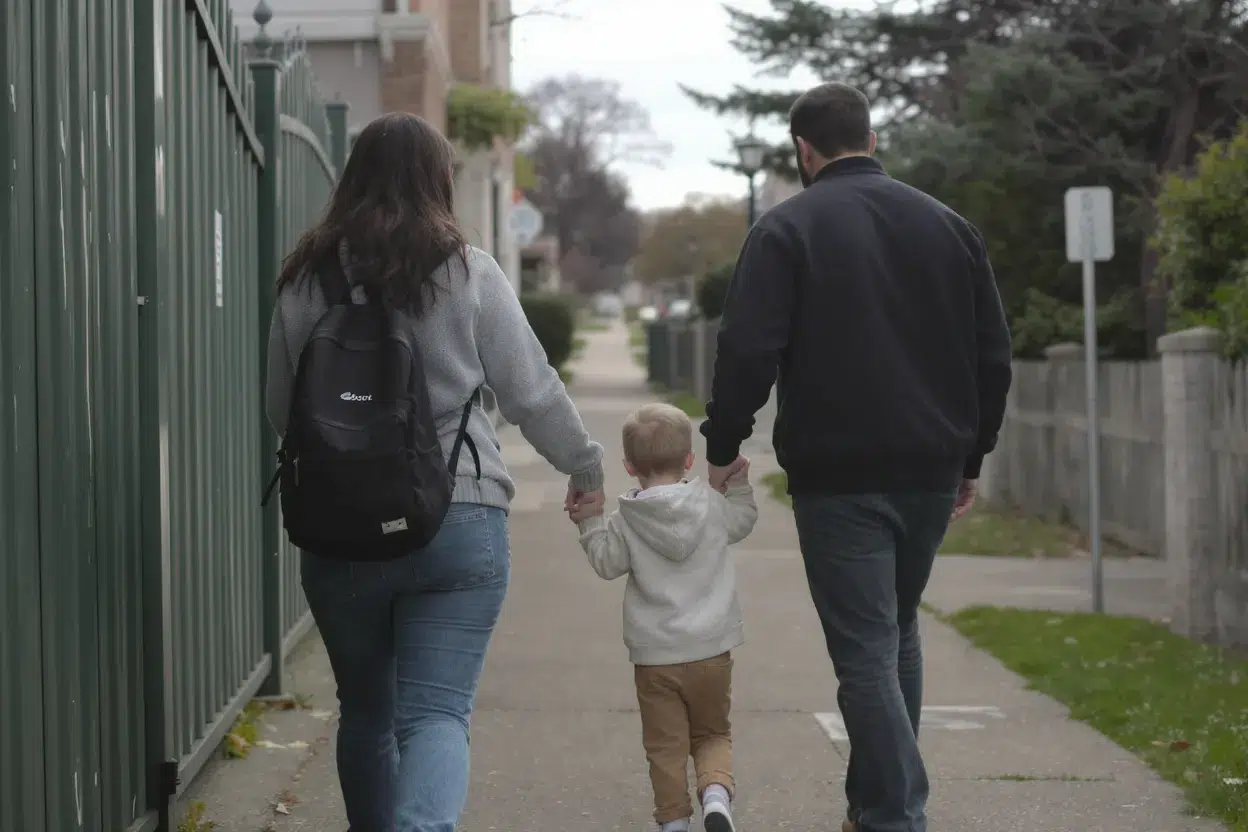 Parents séparés non mariés tenant la main de leur enfant en allant à l’école