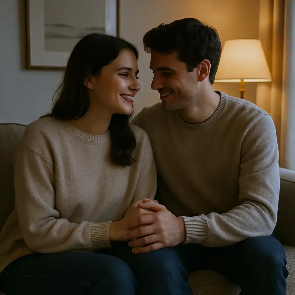 Couple complice partageant un moment intime dans une ambiance chaleureuse et moderne.