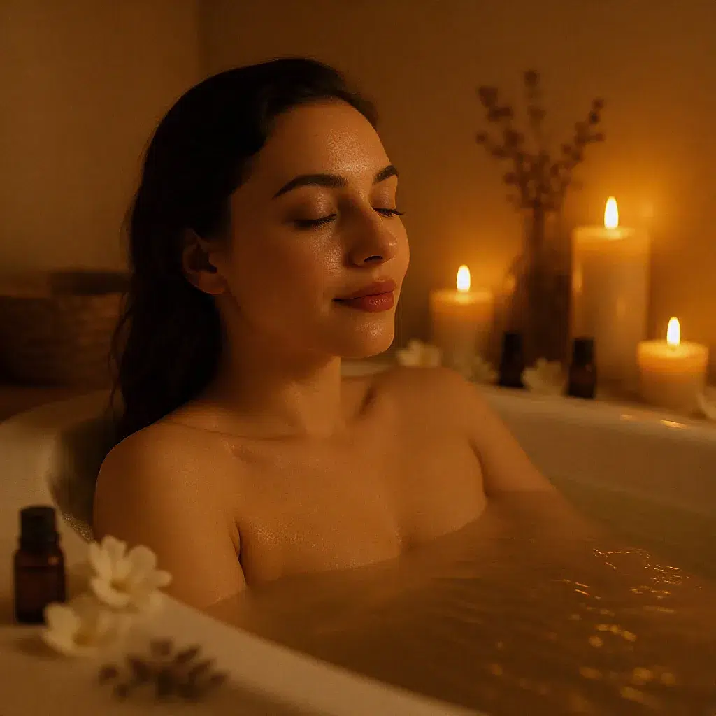 Femme profitant d’un bain parfumé aux huiles essentielles et bougies, rituel de bien-être sensuel.