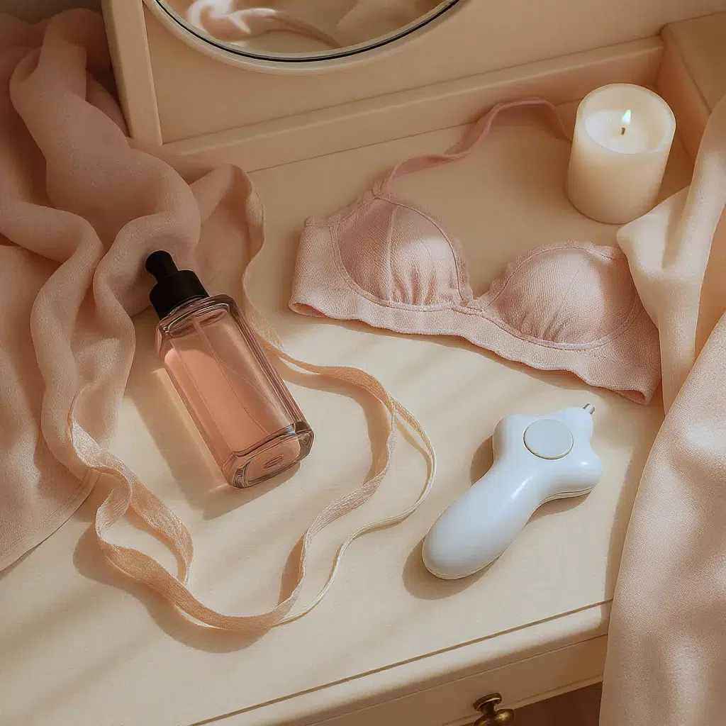 Accessoires de plaisir féminin incluant lingerie, huile de massage et objet discret, présentés avec élégance.