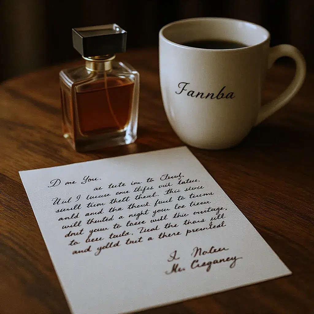 Lettre manuscrite romantique posée sur une table, à côté d’un parfum élégant et d’une tasse personnalisée.