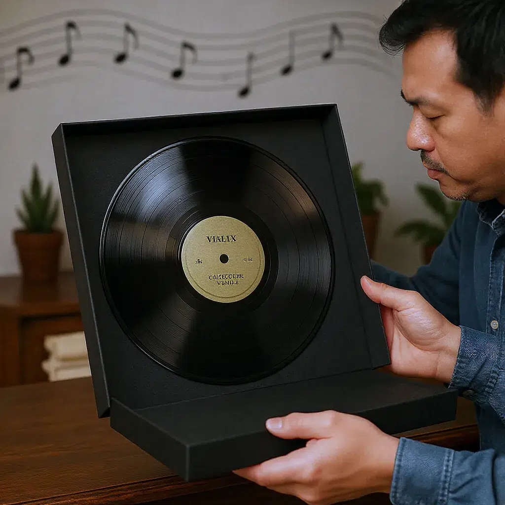 Homme recevant un vinyle collector dans une pochette élégante, décor musical en arrière-plan.