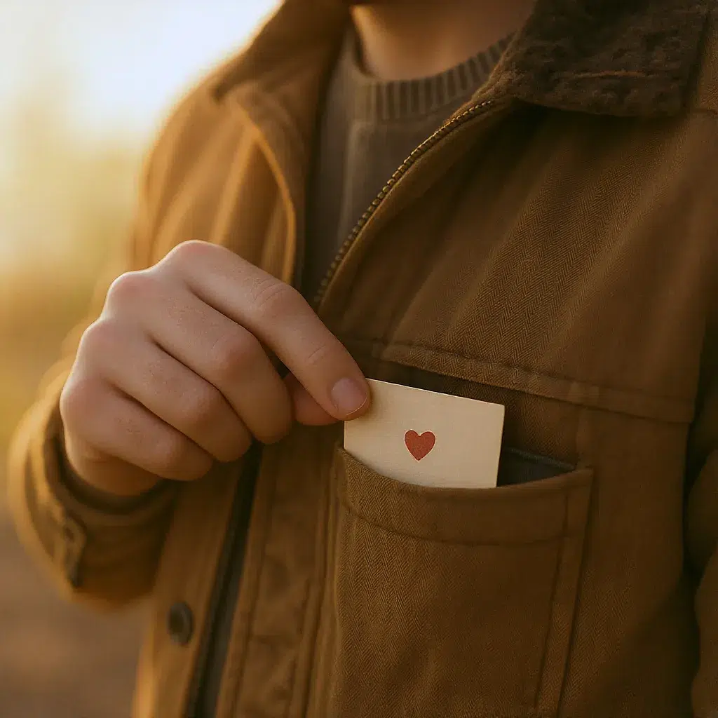 Petit mot doux glissé dans une veste, attention simple qui touche un homme.