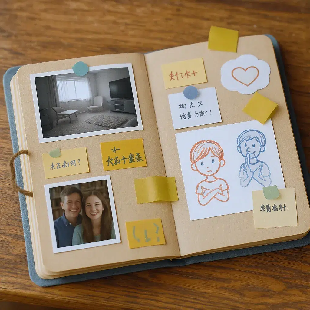 arnet souvenir fait main avec photos, dessins et petits mots, posé sur une table en bois.