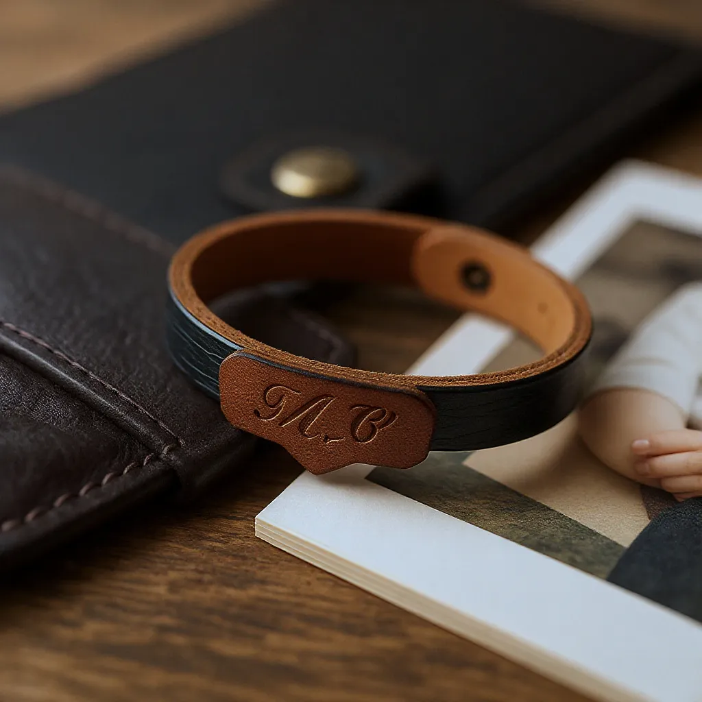 Cadeaux personnalisés pour homme : bracelet gravé, portefeuille et livre photo.
