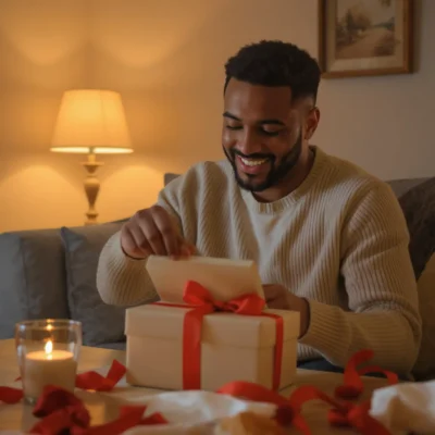 Homme noir métisse ému ouvrant un cadeau symbolique offert par un proche.