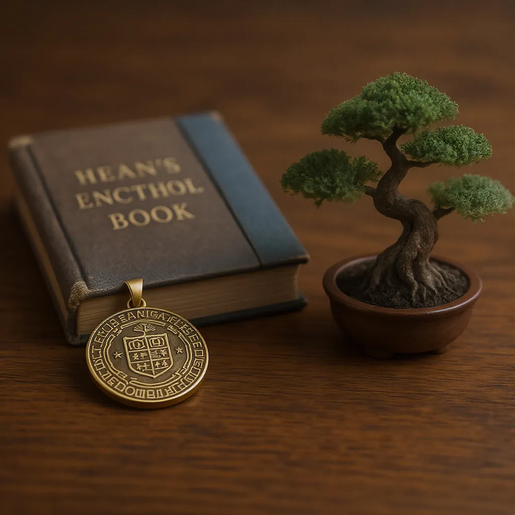 Cadeaux symboliques et spirituels pour homme : médaillon, livre inspirant, bonsaï.