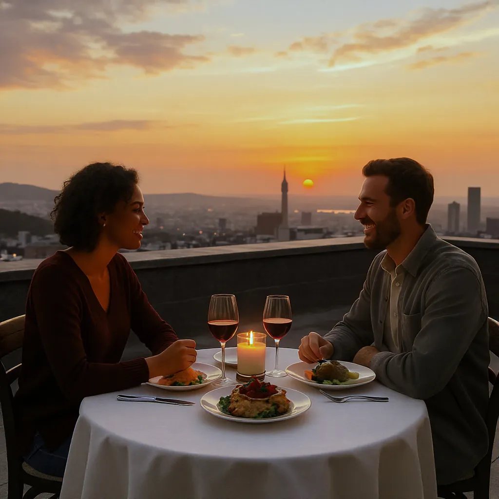 Couple profitant d’une expérience unique : dîner sur un rooftop au coucher du soleil avec une vue panoramique.