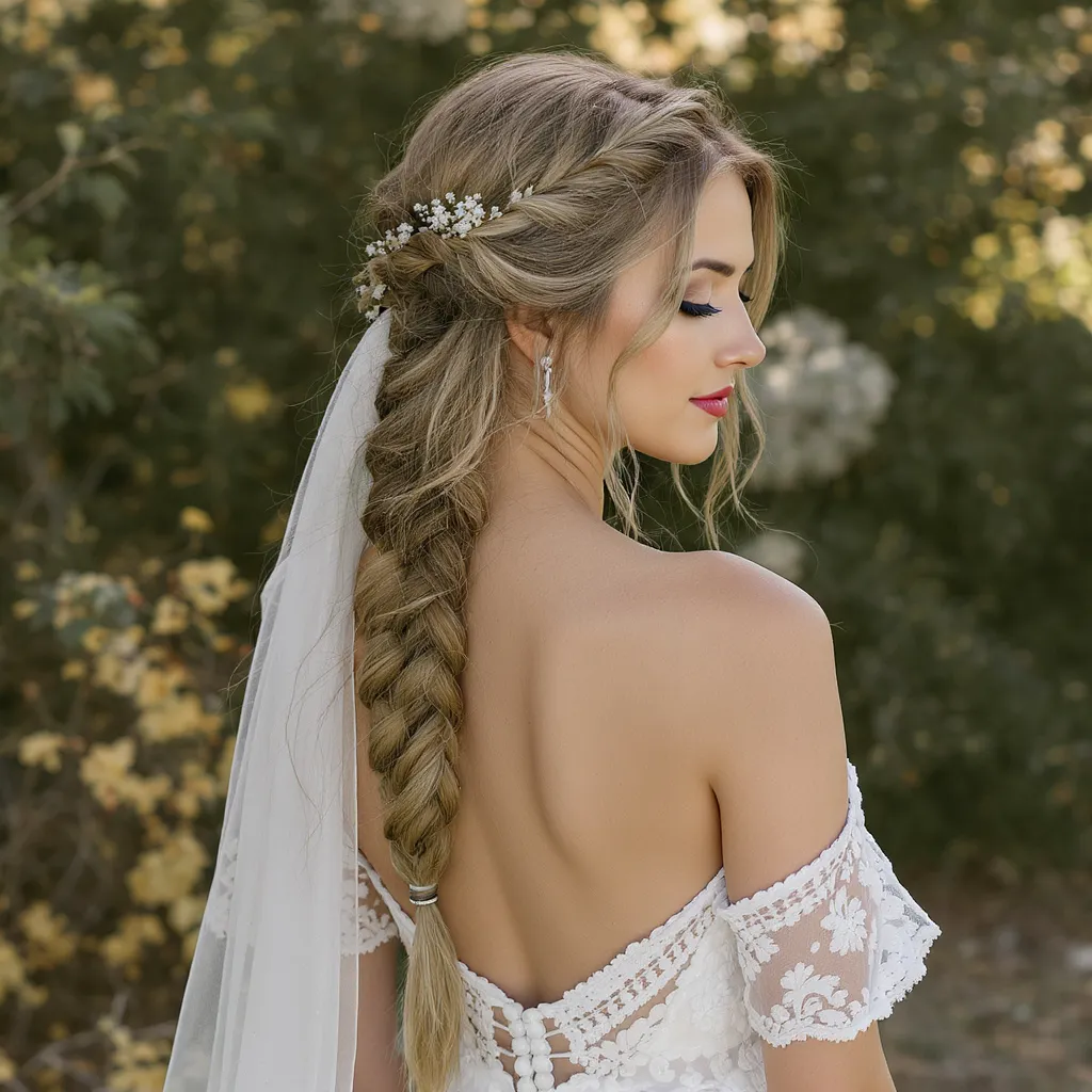 Mariée blonde aux cheveux longs, tresse bohème lâche avec fleurs blanches insérées, robe fluide, décor de jardin champêtre