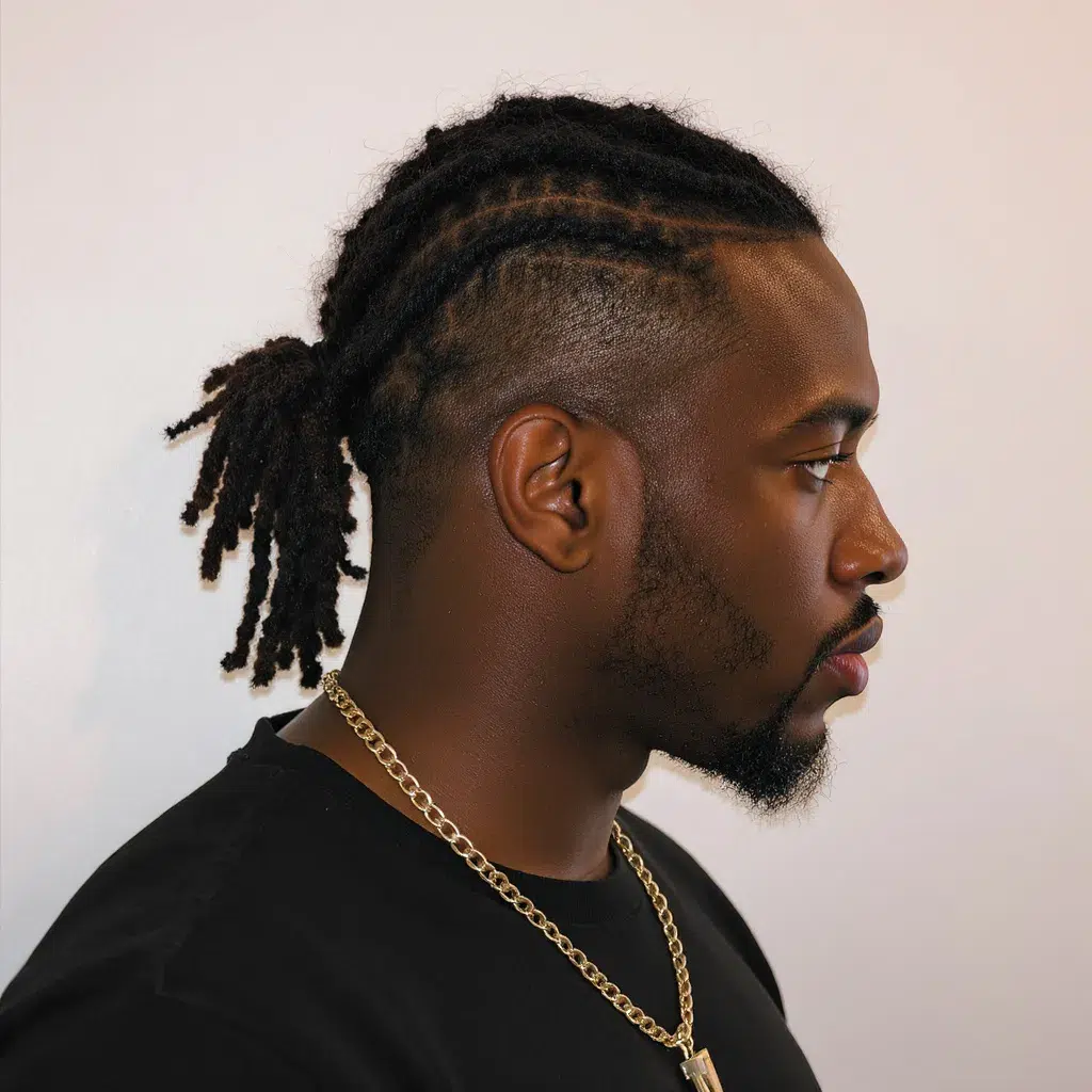 Homme portant des locks longues attachées en queue basse