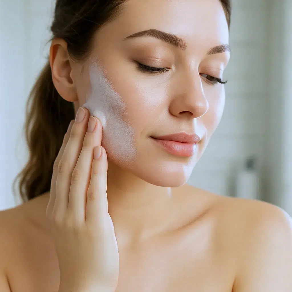 Femme exfoliant son visage avec un soin doux pour affiner le grain de peau et révéler l’éclat.