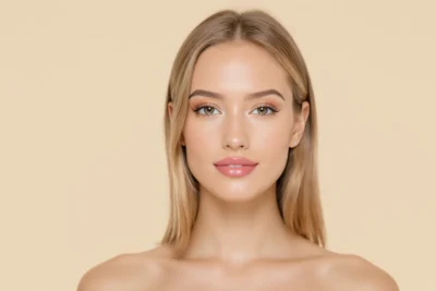 Jeune belle femme blonde au visage éclatant et peau lisse naturelle mise en valeur par une lumière douce et harmonieuse.
