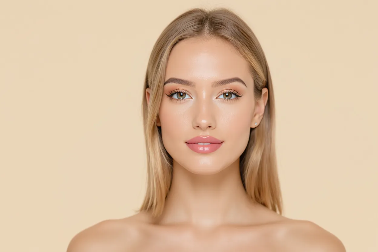 Jeune belle femme blonde au visage éclatant et peau lisse naturelle mise en valeur par une lumière douce et harmonieuse.