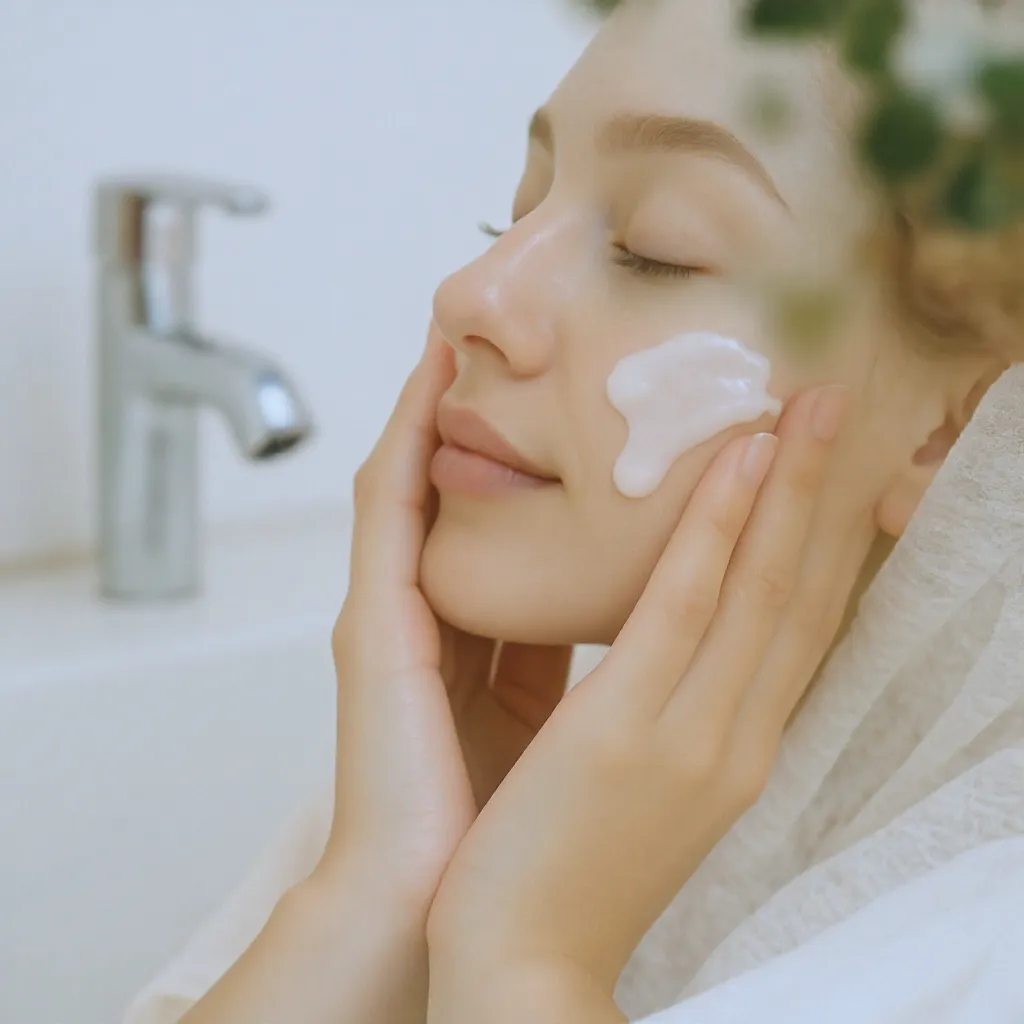 Nettoyage du visage avec un gel doux pour préserver le film hydrolipidique et préparer la peau aux soins.