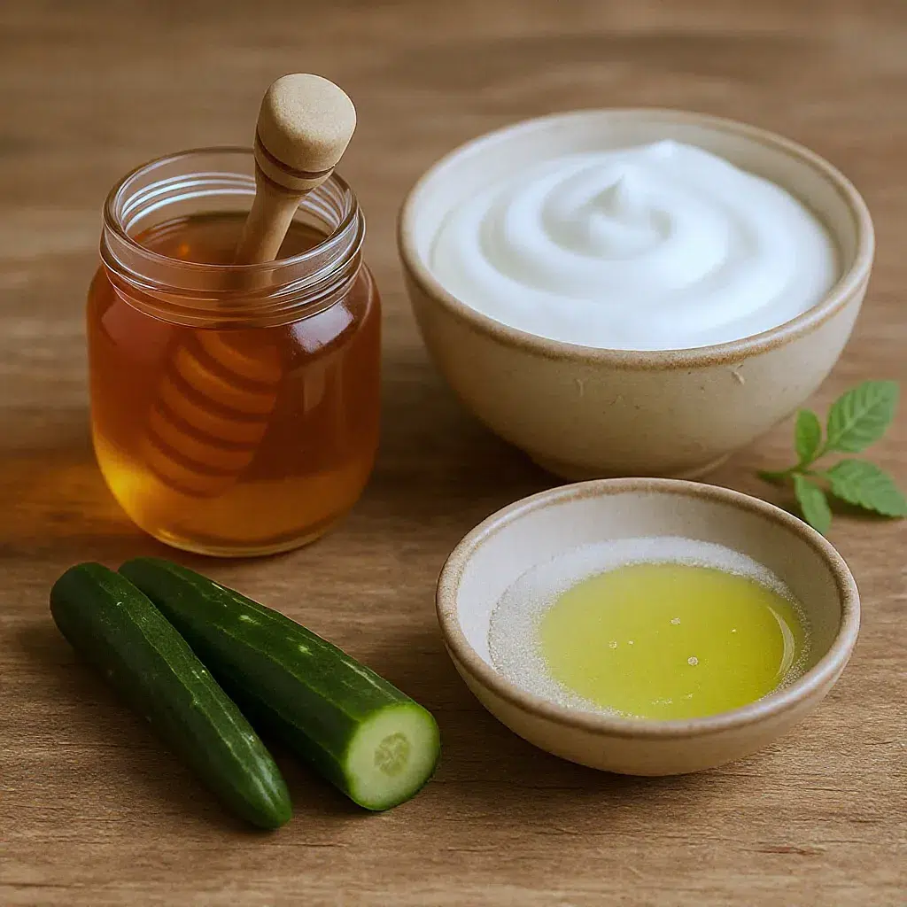 Ingrédients naturels disposés joliment : miel, yaourt, concombre tranché et petit bol de sucre avec huile d’olive.