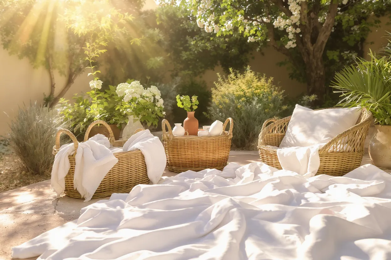 Paniers en osier et draps blancs étendus au soleil dans un jardin méditerranéen, lumière chaude, style lifestyle naturel, ambiance cosy et élégante