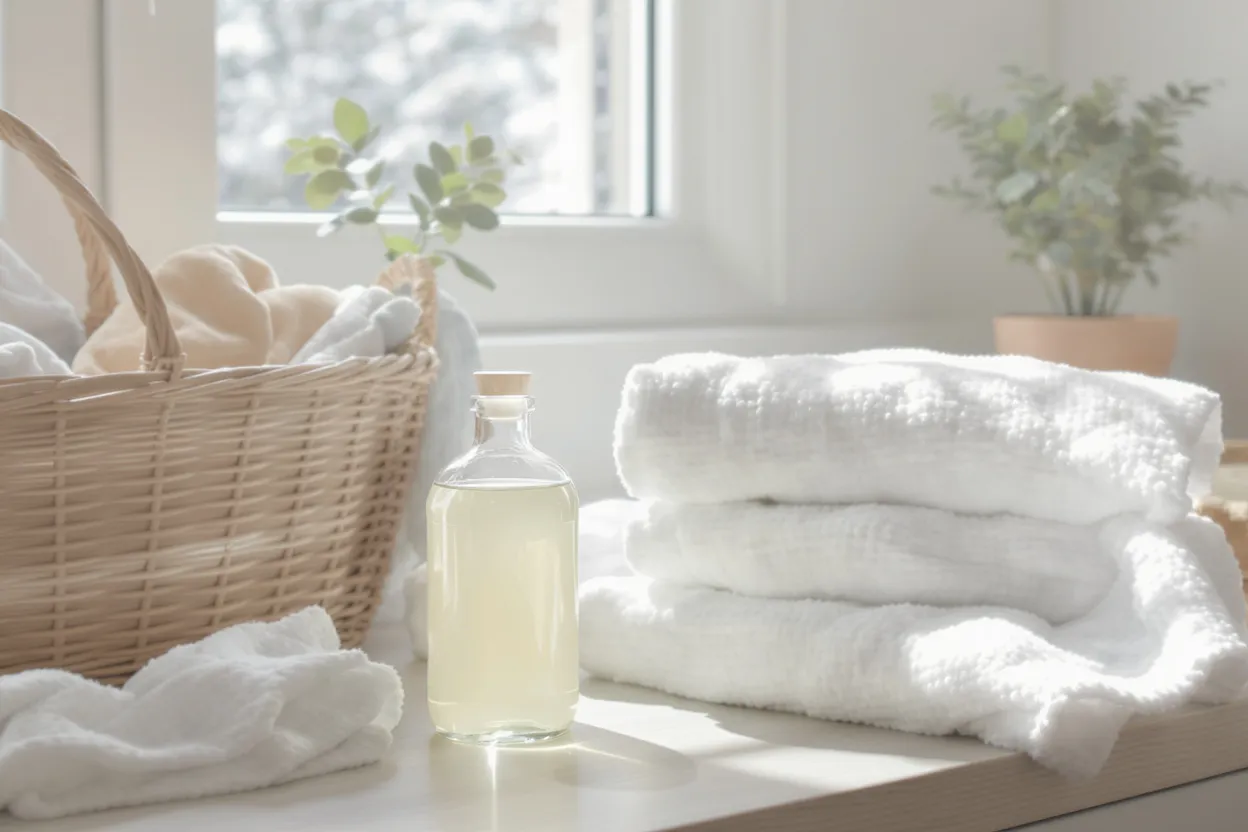 Bouteille de vinaigre blanc posée à côté de linge blanc plié