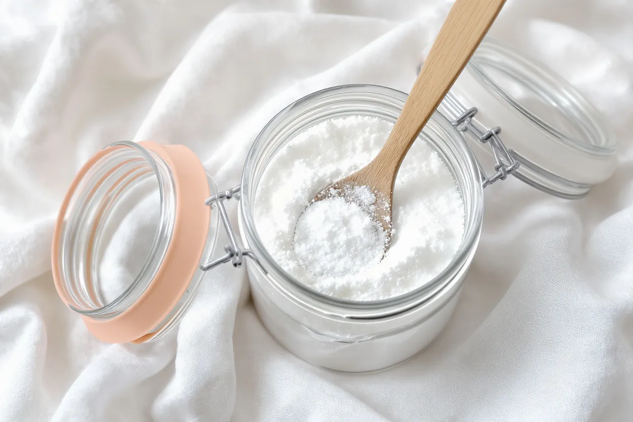 Bicarbonate de soude en poudre avec cuillère en bois posé sur une table de cuisine
