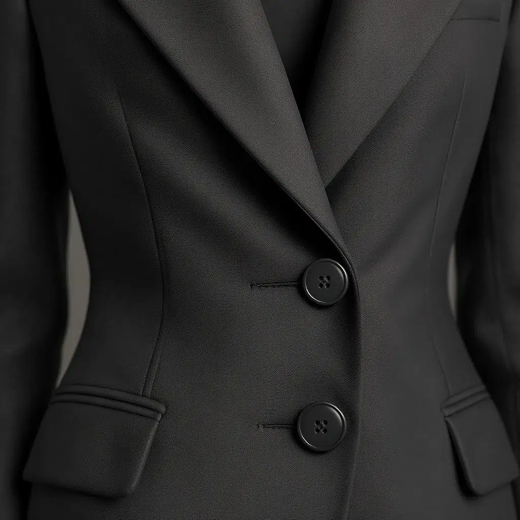 Zoom sur les détails couture d’un costume femme sur mesure à Paris, tissus nobles, boutons raffinés et finitions élégantes en atelier