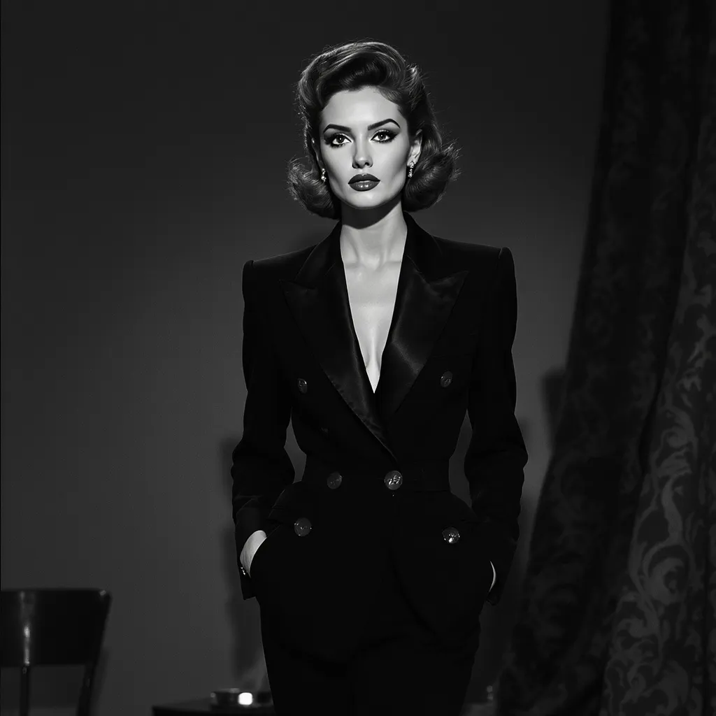 Femme en smoking inspiré de Yves Saint Laurent, photo rétro en noir et blanc évoquant l’histoire du costume féminin parisien