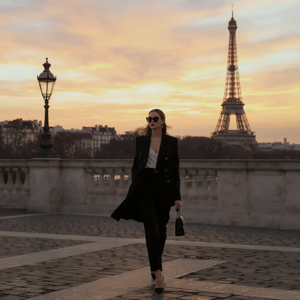 belle femme en tailleur sur mesure noir avec la tour Eiffel en arrière plan
