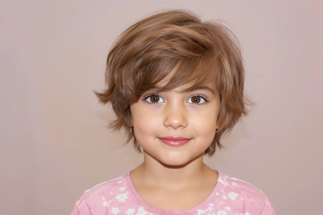 Fille de 10 ans avec coupe dégradée stylisée et mèches effilées, coiffure originale et tendance.