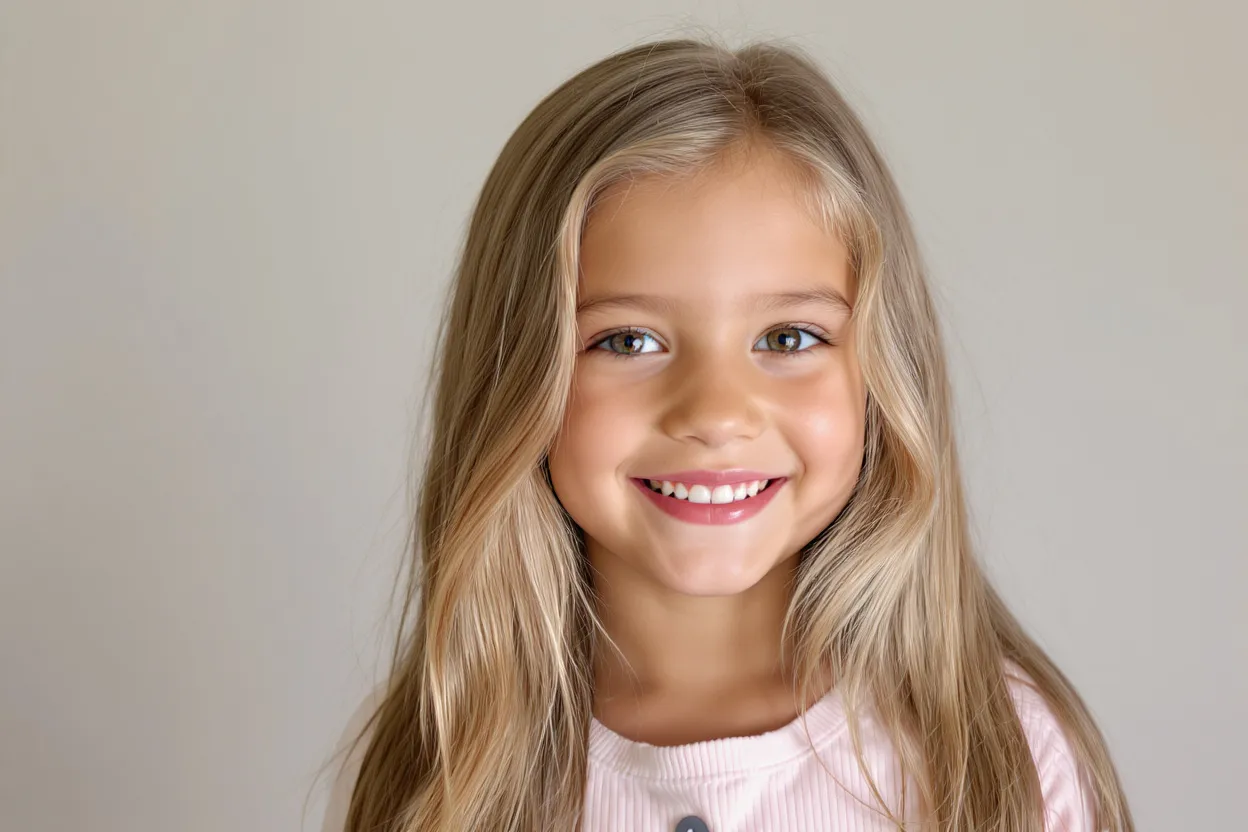 Fillette de 10 ans avec coupe de cheveux longs dégradés tendance et lumineux, style moderne et élégant.