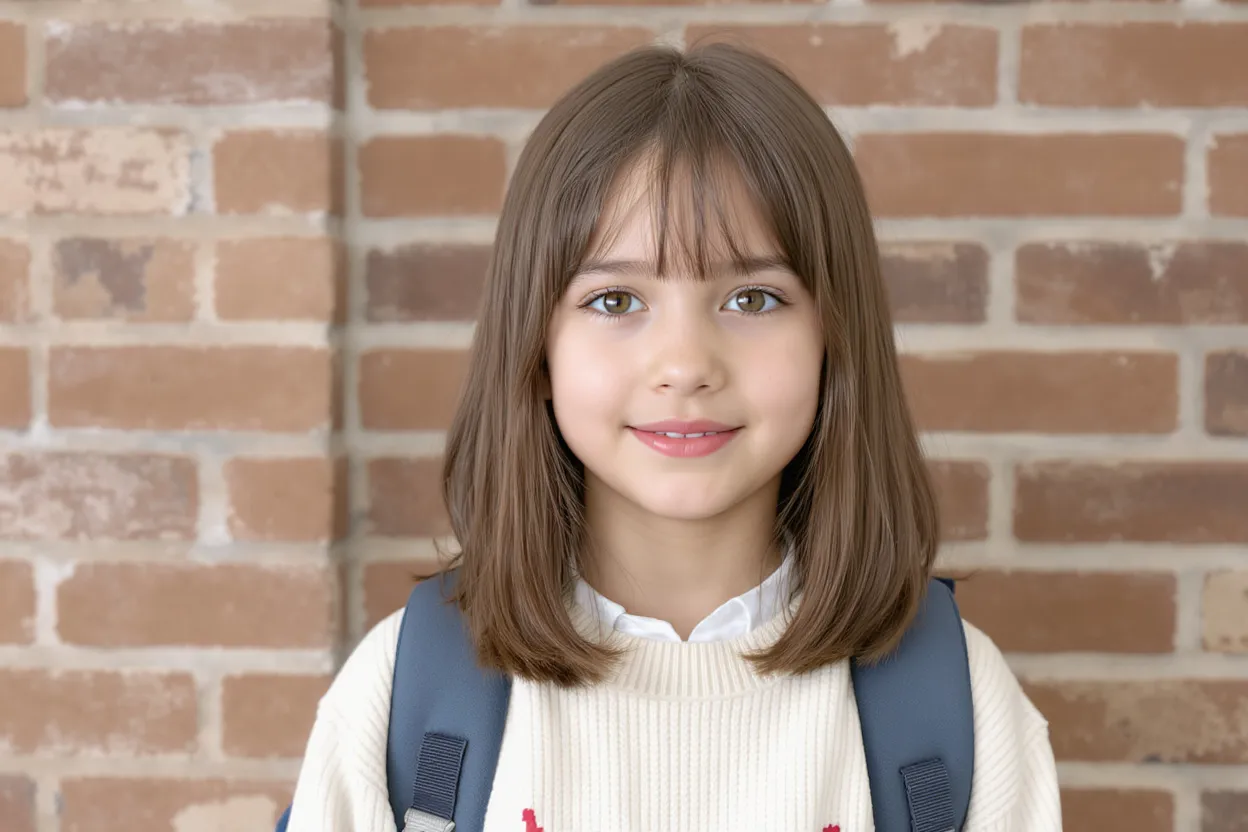Petite fille de 10 ans avec coupe mi-longue dégradée, cheveux châtains lissés, tenue simple et élégante, ambiance rentrée scolaire.