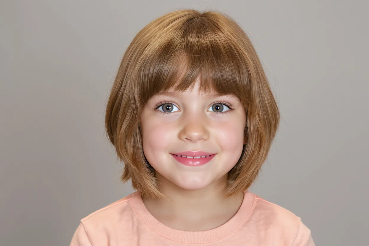 Fillette de 10 ans avec coupe dégradée et frange droite, cheveux lisses châtains clairs, style espiègle et moderne.