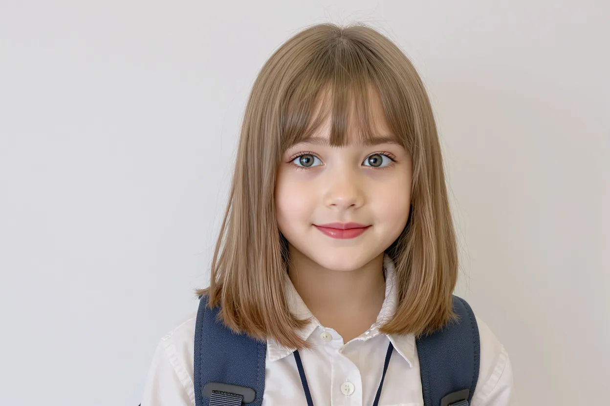 Fille de 10 ans avec coupe mi-longue dégradée pratique et tendance, cheveux châtains bien coiffés.