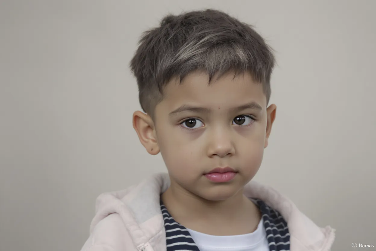 Fille de 10 ans avec coupe courte dégradée, coiffure moderne, simple et pleine d’énergie.