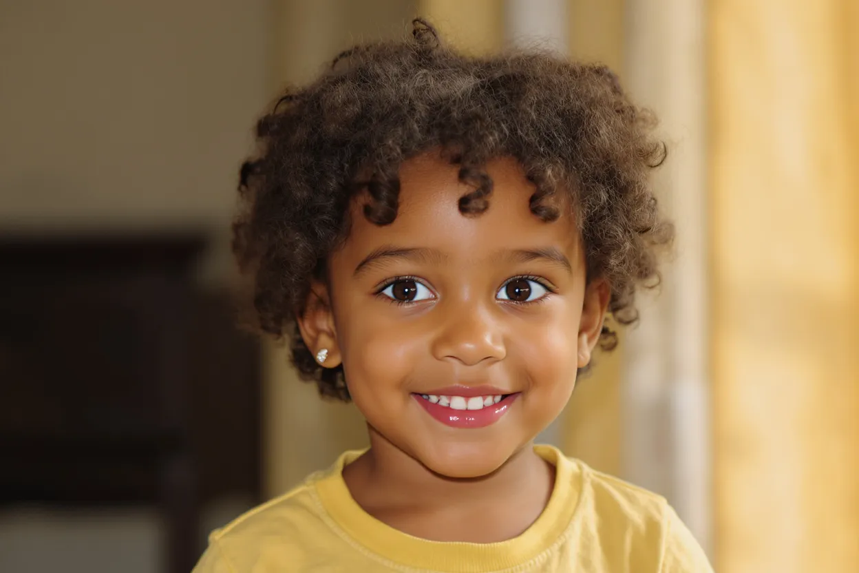 Fille de 10 ans aux cheveux bouclés avec coupe dégradée, coiffure légère et facile à entretenir.
