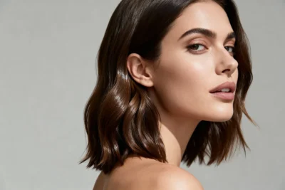 belle femme brune ayant appliqué gel de lien sur cheveux, rendu soyeux naturel