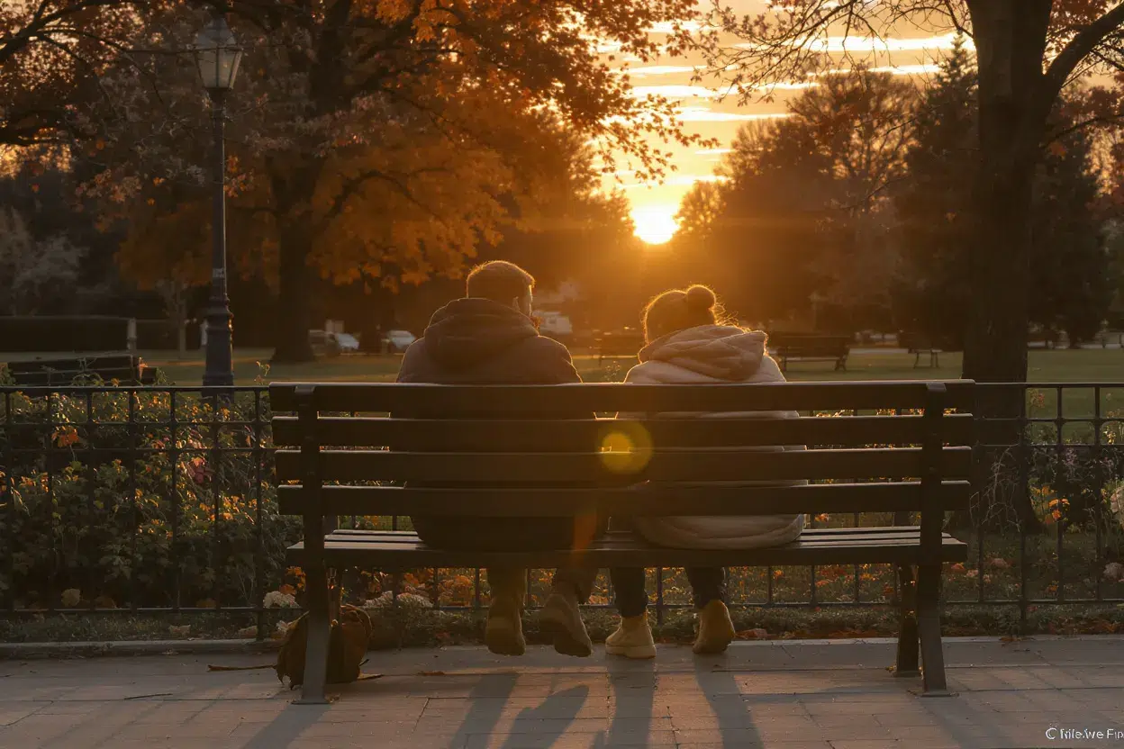 Un couple assis sur un banc au coucher du soleil, se tenant la main avec sérénité, symbole de lâcher prise amoureux.