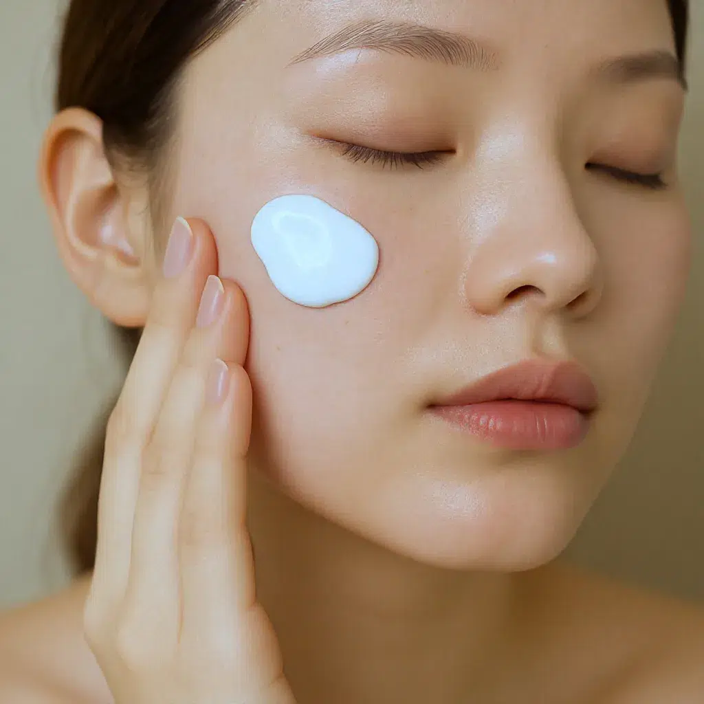 Application d’une crème apaisante sur une peau sèche et rougie du visage, geste doux et protecteu