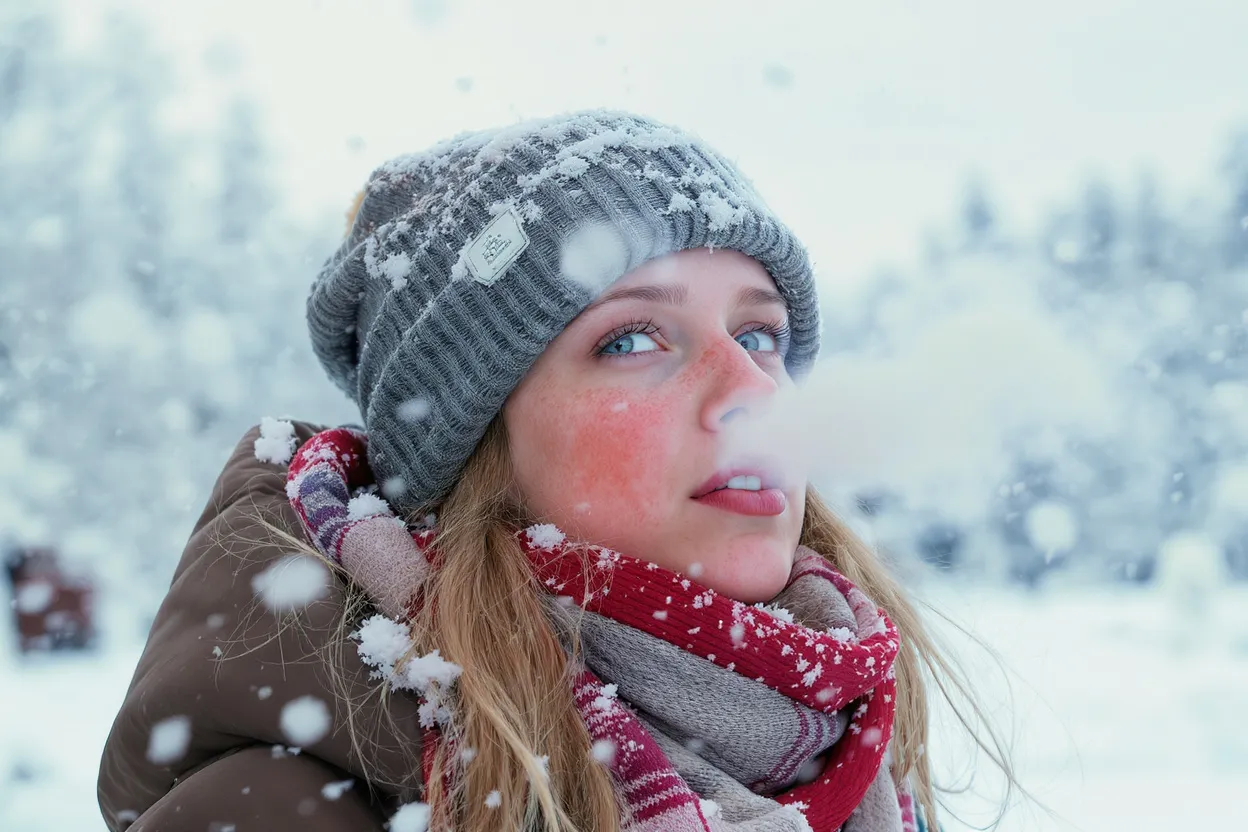 Jeune femme dans le froid avec joues rouges et sensibles, peau mise à l’épreuve par les conditions hivernales