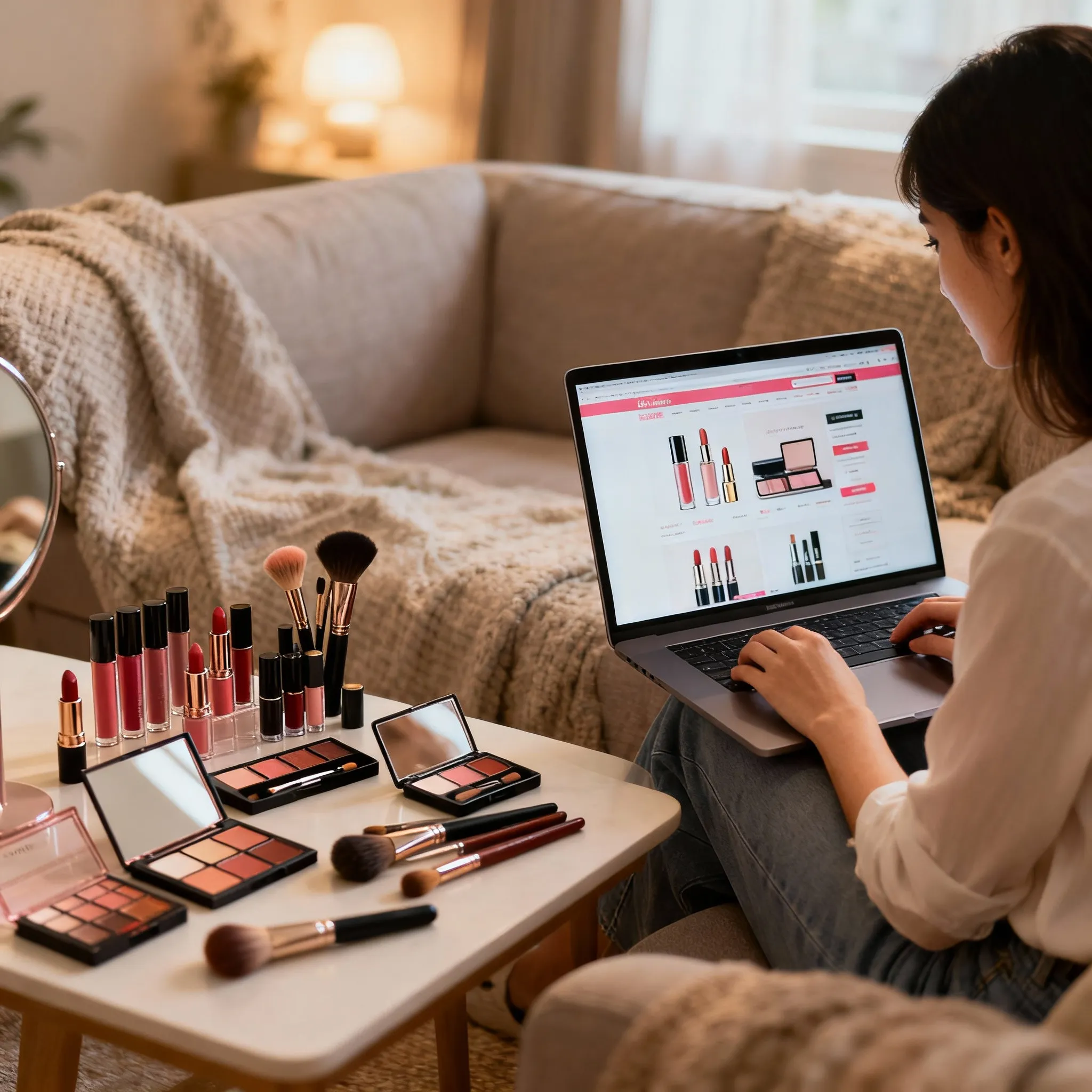 Femme comparant des cosmétiques en ligne depuis sa tablette avec des produits de maquillage posés sur la table