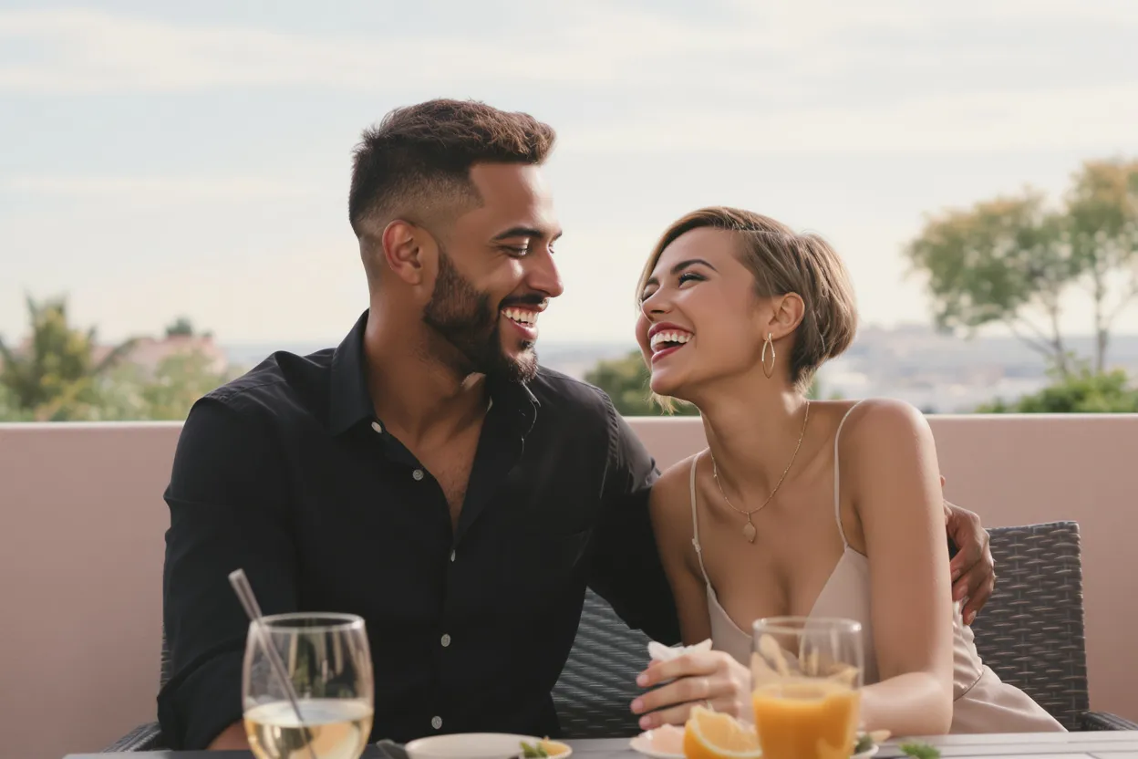 Couple complice riant ensemble en terrasse, ambiance douce et lumineuse