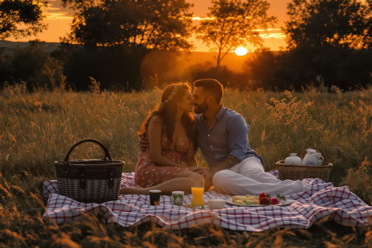 Deux amoureux partageant un pique-nique au coucher du soleil
