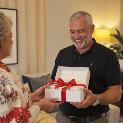 Homme 45 ans recevant un cadeau original et inattendu, parfait pour illustrer des idées cadeaux uniques et personnalisées.
