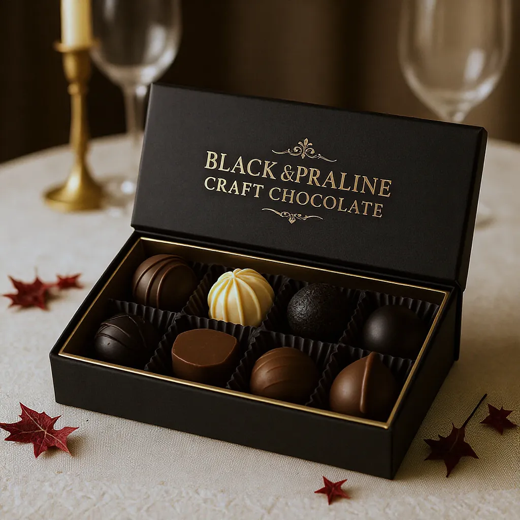 Coffret de chocolats artisanaux raffinés, idée cadeau gourmande qui séduit toujours un homme.