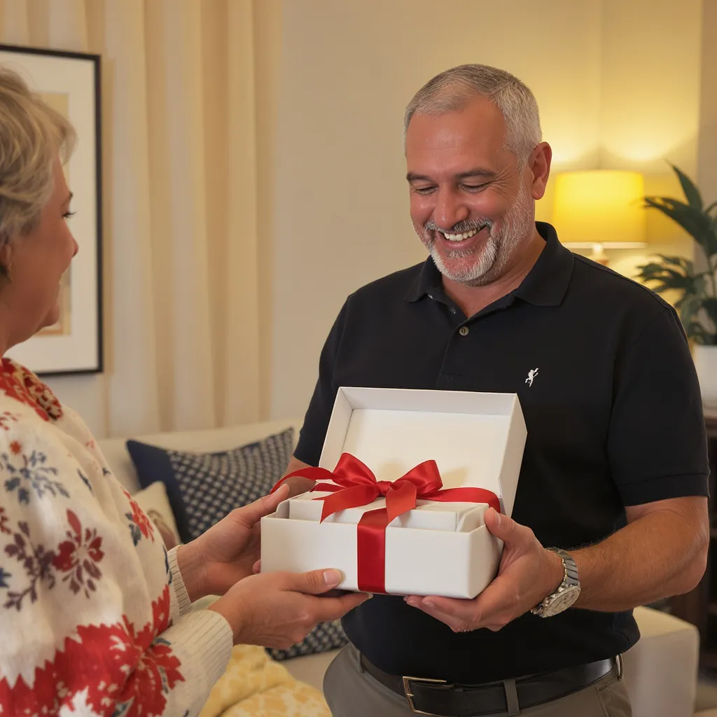 Homme 45 ans recevant un cadeau original et inattendu, parfait pour illustrer des idées cadeaux uniques et personnalisées.