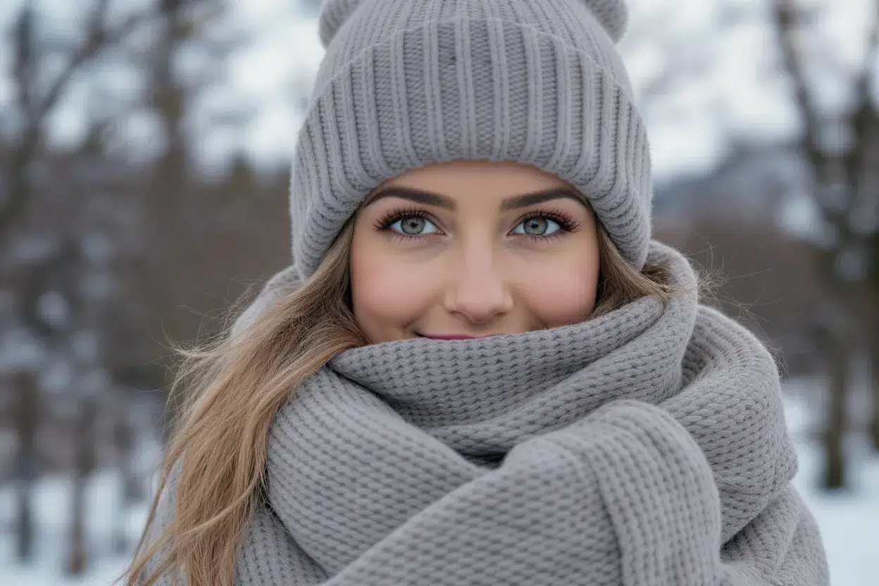 Femme portant un bonnet en laine gris clair avec écharpe, look hivernal chaleureux et confortable au quotidien.